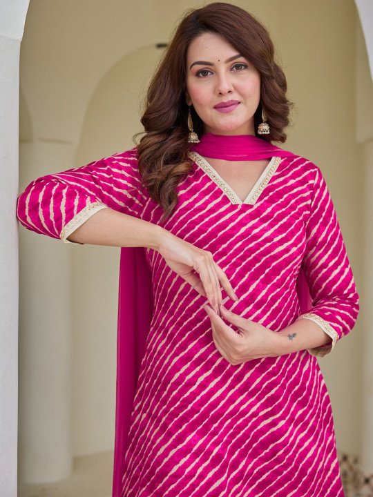 Leheriya Printed Kurta With Sharara &amp;amp; Dupatta