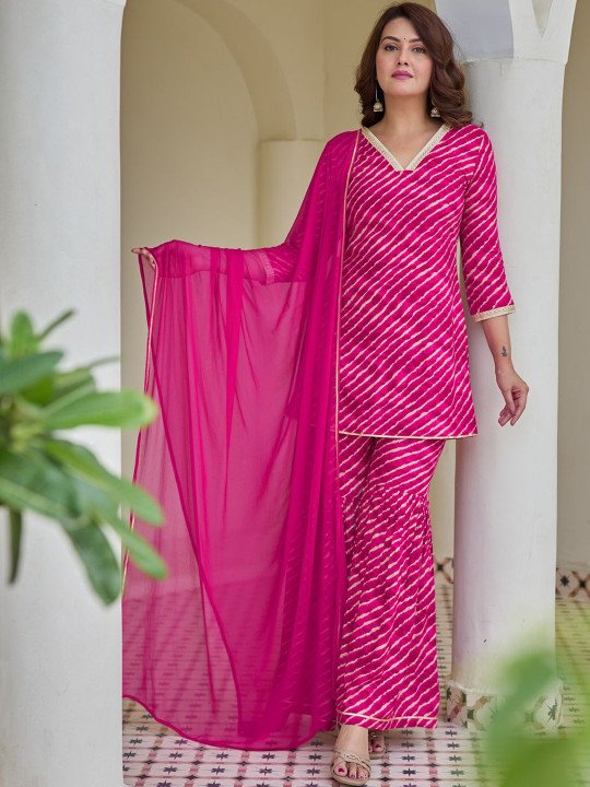 Leheriya Printed Kurta With Sharara &amp;amp; Dupatta