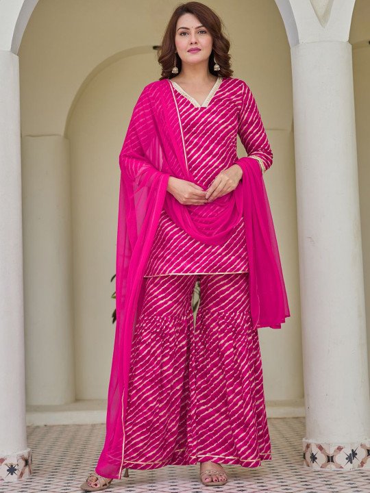 Leheriya Printed Kurta With Sharara &amp;amp; Dupatta