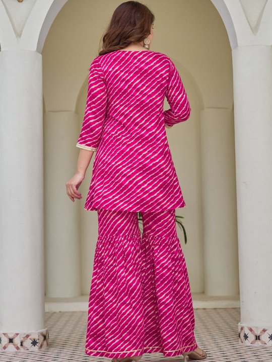 Leheriya Printed Kurta With Sharara &amp;amp; Dupatta