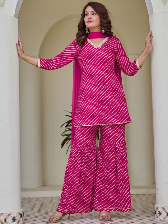 Leheriya Printed Kurta With Sharara &amp;amp; Dupatta