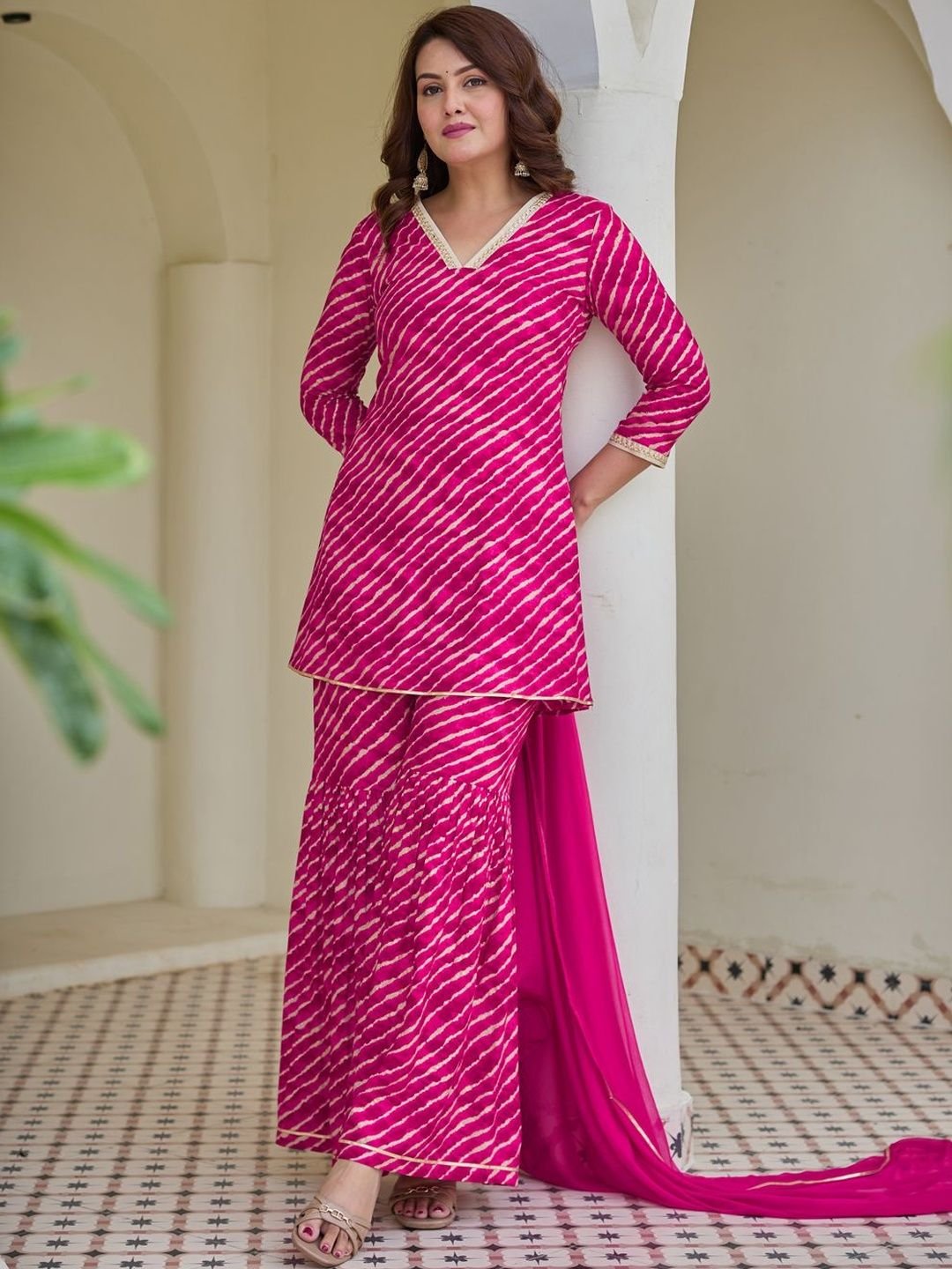 Leheriya Printed Kurta With Sharara &amp;amp; Dupatta