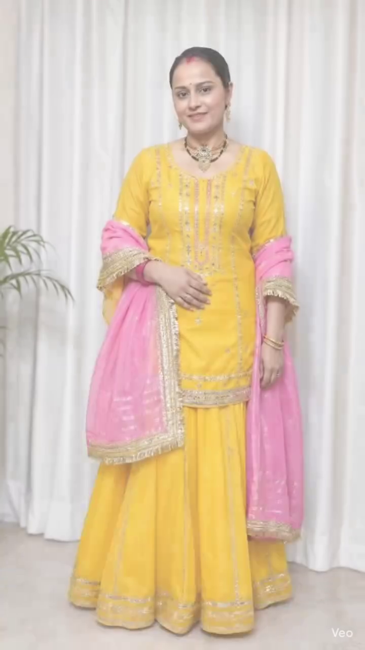 Floral Embroidered Sequinned Chinon Straight Republic Day Kurta With Palazzos &amp;amp;amp; Dupatta