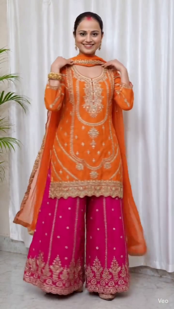 Floral Embroidered Sequinned Chinon Straight Republic Day Kurta With Palazzos &amp;amp;amp; Dupatta