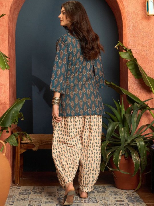 Women Linen Floral Print Summer Wear Short Kurti With Farshi Salwar Set