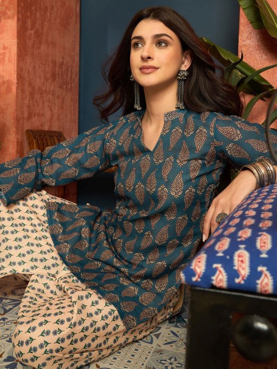 Women Linen Floral Print Summer Wear Short Kurti With Farshi Salwar Set