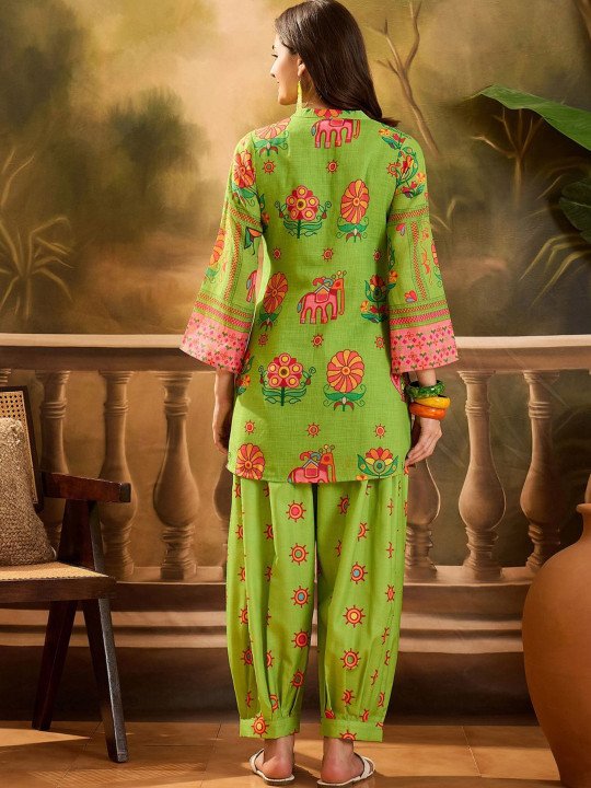 Women Linen Printed Short Kurti With Farshi Salwar Set