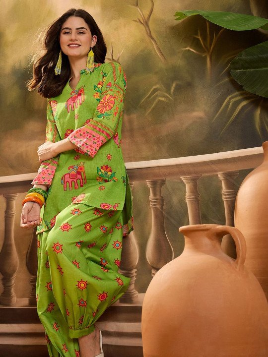Women Linen Printed Short Kurti With Farshi Salwar Set