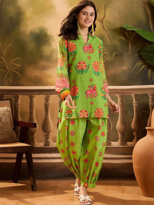 Women Linen Printed Short Kurti With Farshi Salwar Set