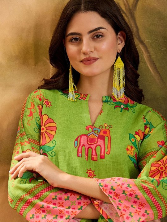 Women Linen Printed Short Kurti With Farshi Salwar Set