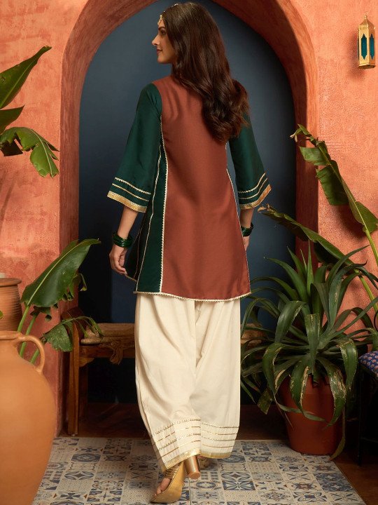 Women Cotton Silk Gota Patti Work High-Low Kurti With Farshi Salwar