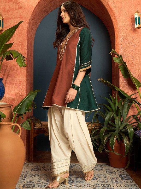 Women Cotton Silk Gota Patti Work High-Low Kurti With Farshi Salwar