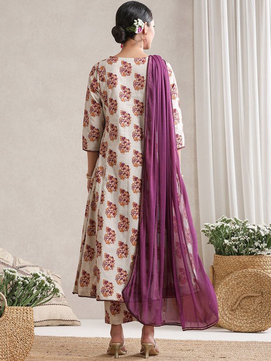Floral Printed V-Neck Pure Cotton A-Line Kurta with Trousers And Dupatta