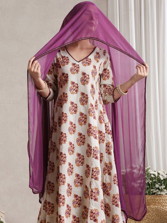 Floral Printed V-Neck Pure Cotton A-Line Kurta with Trousers And Dupatta