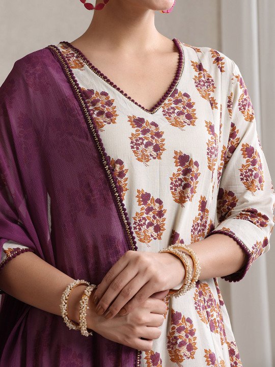 Floral Printed V-Neck Pure Cotton A-Line Kurta with Trousers And Dupatta