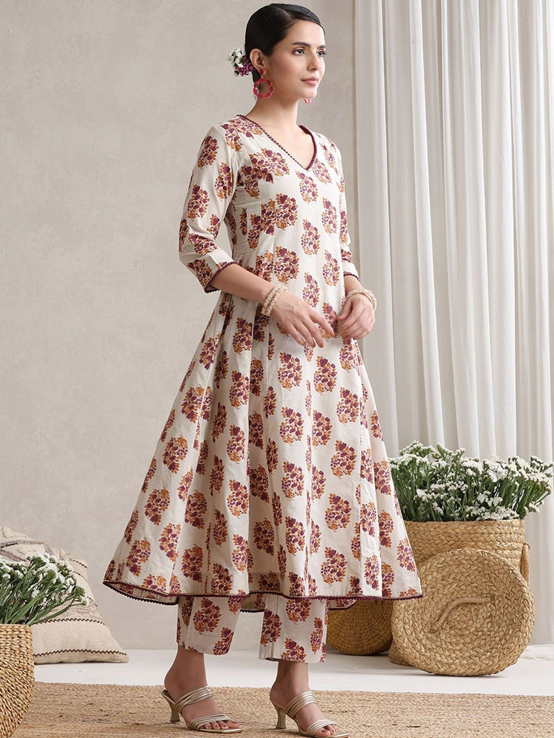 Floral Printed V-Neck Pure Cotton A-Line Kurta with Trousers And Dupatta