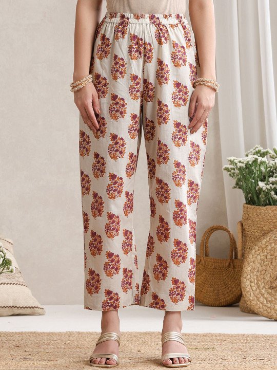 Floral Printed V-Neck Pure Cotton A-Line Kurta with Trousers And Dupatta