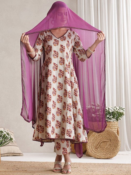 Floral Printed V-Neck Pure Cotton A-Line Kurta with Trousers And Dupatta