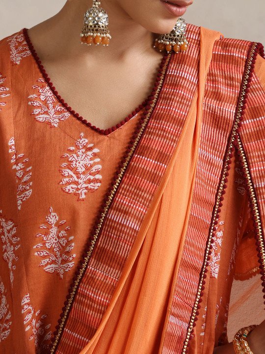 Floral Printed V Neck Pure Cotton A-Line Kurta With Palazzos &amp;amp; Dupatta