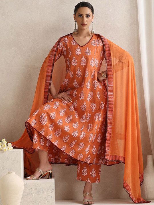 Floral Printed V Neck Pure Cotton A-Line Kurta With Palazzos &amp;amp; Dupatta