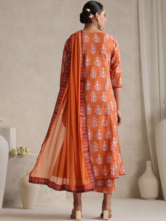 Floral Printed V Neck Pure Cotton A-Line Kurta With Palazzos &amp;amp; Dupatta