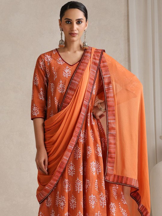 Floral Printed V Neck Pure Cotton A-Line Kurta With Palazzos &amp;amp; Dupatta