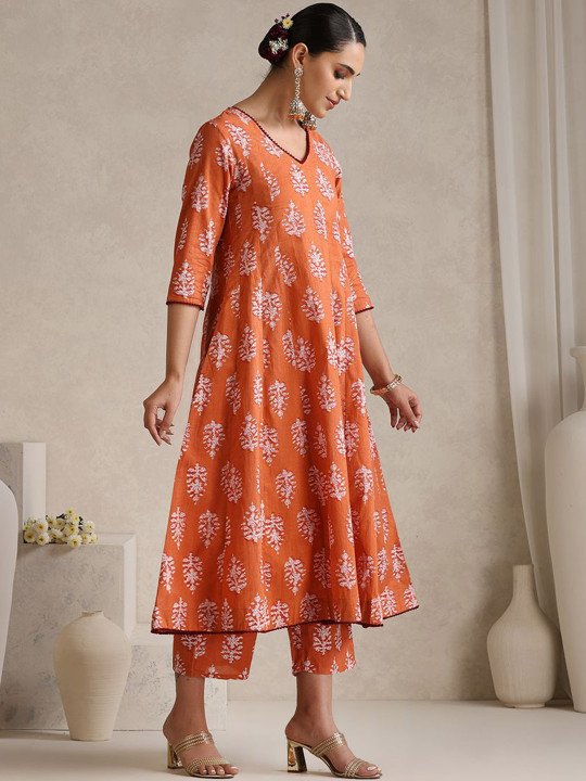 Floral Printed V Neck Pure Cotton A-Line Kurta With Palazzos &amp;amp; Dupatta