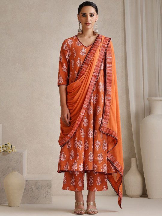Floral Printed V Neck Pure Cotton A-Line Kurta With Palazzos &amp;amp; Dupatta