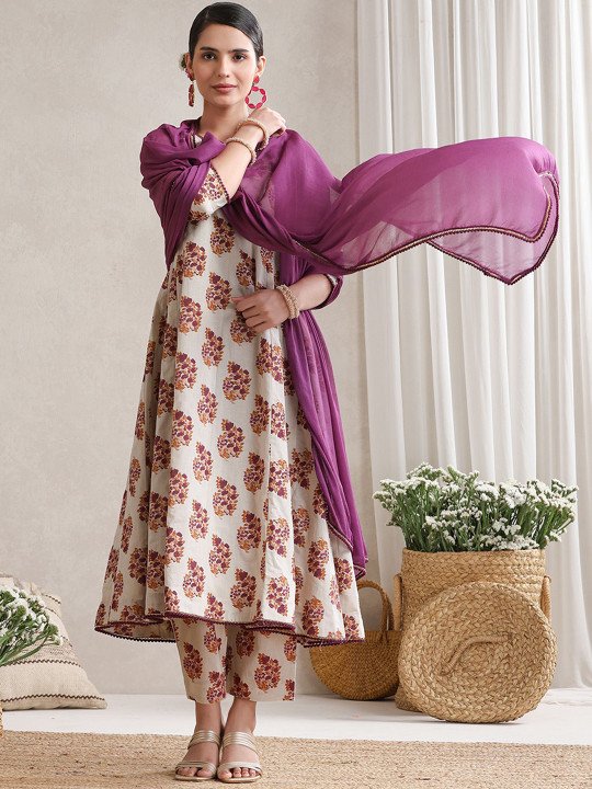 Floral Printed V-Neck Pure Cotton A-Line Kurta with Trousers And Dupatta