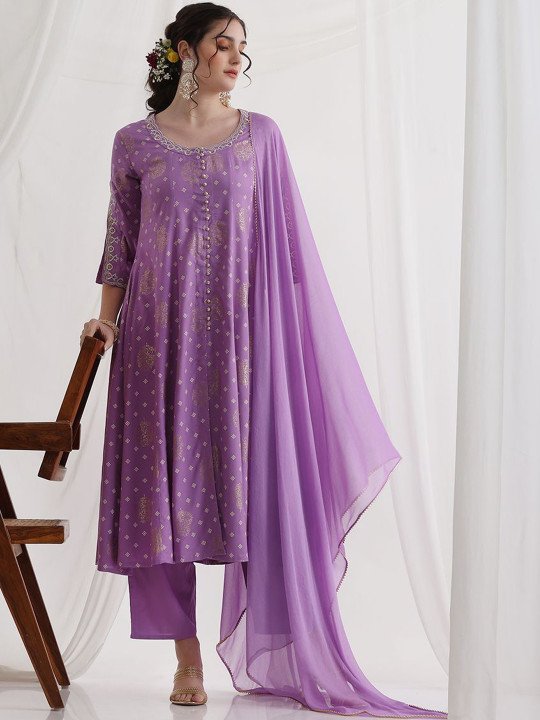 Floral Printed Round Neck Thread Work A-Line Kurta With Trousers &amp;amp; Dupatta