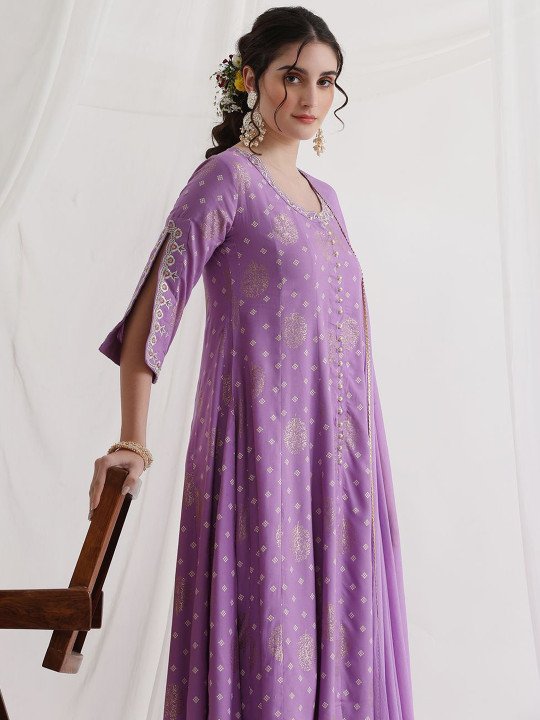 Floral Printed Round Neck Thread Work A-Line Kurta With Trousers &amp;amp; Dupatta