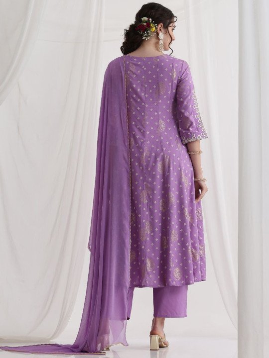 Floral Printed Round Neck Thread Work A-Line Kurta With Trousers &amp;amp; Dupatta