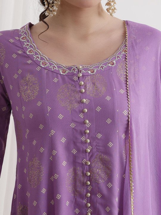 Floral Printed Round Neck Thread Work A-Line Kurta With Trousers &amp;amp; Dupatta