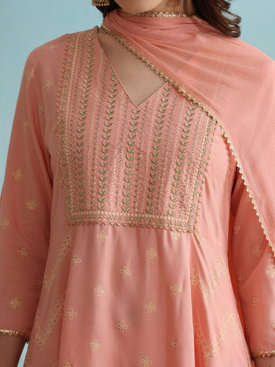 V Neck Gotta Patti Ethnic Embroidered Straight Kurta with Palazzo &amp;amp; Dupatta