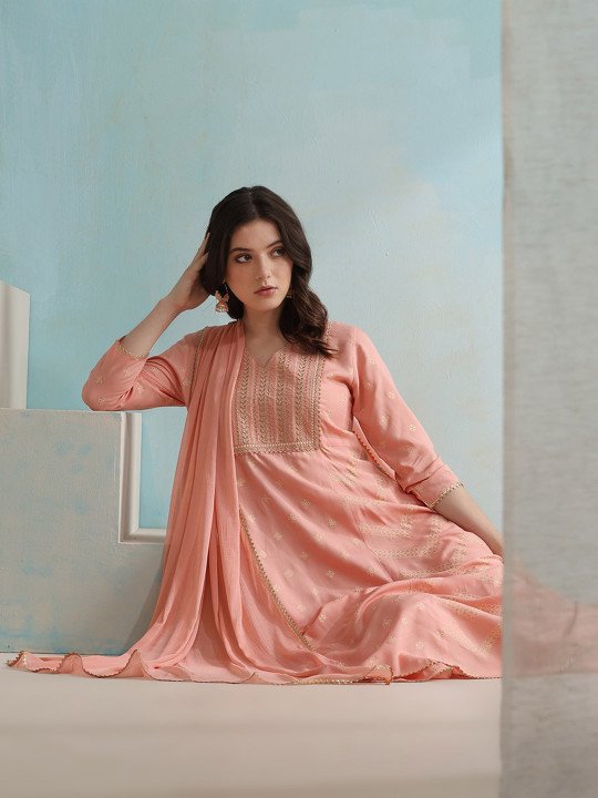 V Neck Gotta Patti Ethnic Embroidered Straight Kurta with Palazzo &amp;amp; Dupatta