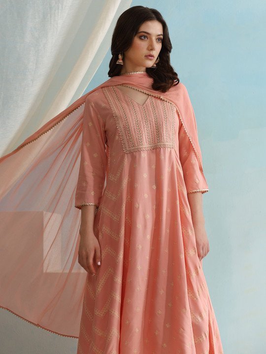 V Neck Gotta Patti Ethnic Embroidered Straight Kurta with Palazzo &amp;amp; Dupatta