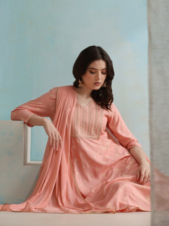 V Neck Gotta Patti Ethnic Embroidered Straight Kurta with Palazzo &amp;amp; Dupatta