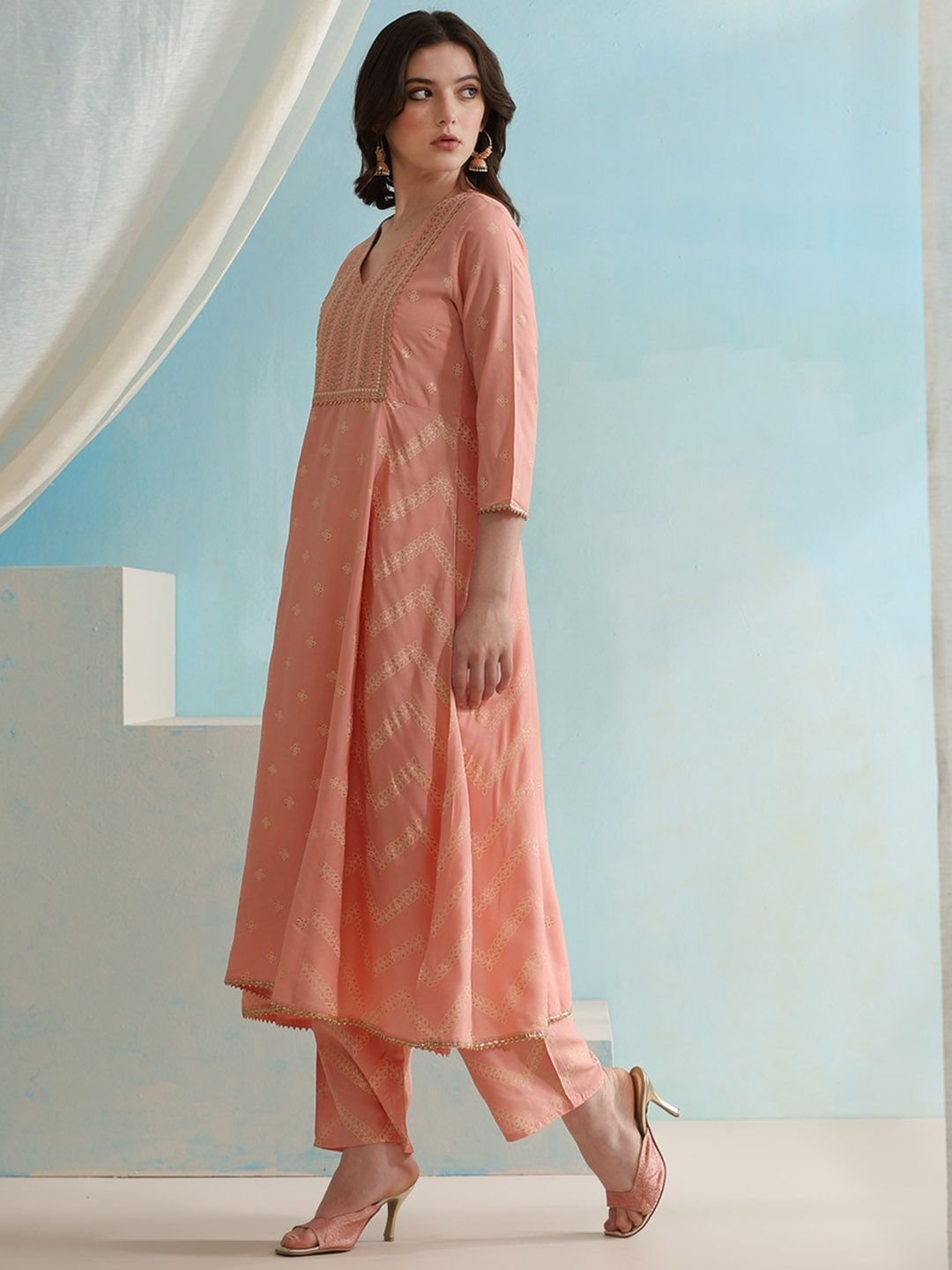 V Neck Gotta Patti Ethnic Embroidered Straight Kurta with Palazzo &amp;amp; Dupatta
