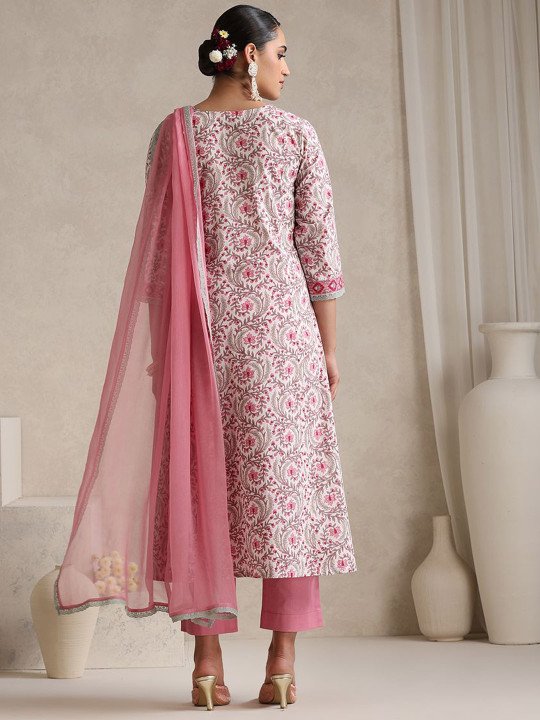 Women Floral Printed Angrakha Pure Cotton Kurta with Palazzos &amp;amp; With Dupatta