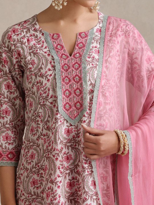 Women Floral Printed Angrakha Pure Cotton Kurta with Palazzos &amp;amp; With Dupatta