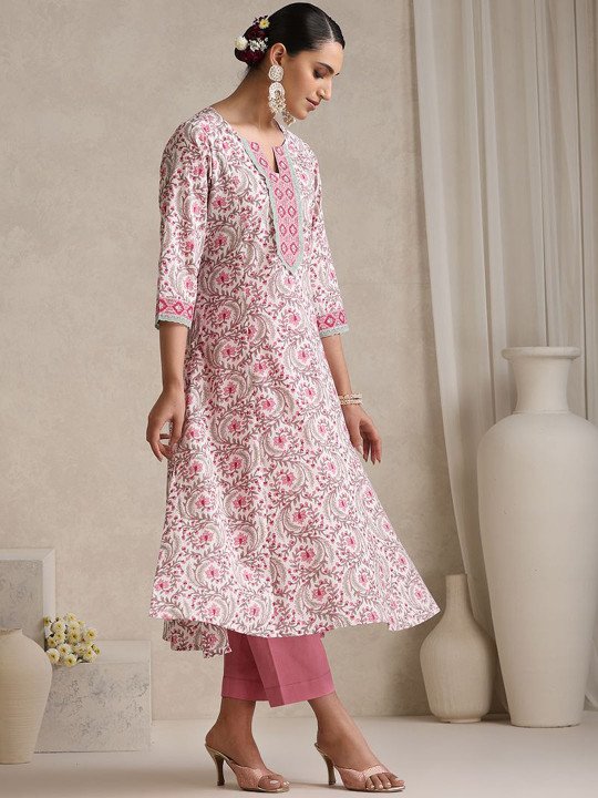 Women Floral Printed Angrakha Pure Cotton Kurta with Palazzos &amp;amp; With Dupatta
