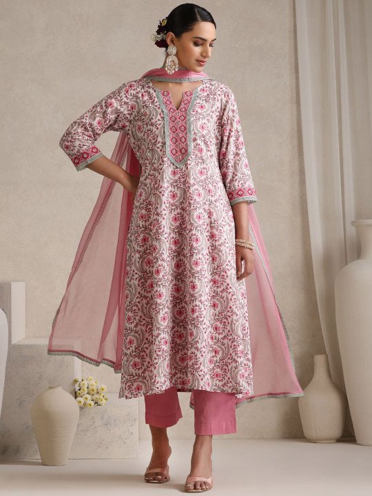 Women Floral Printed Angrakha Pure Cotton Kurta with Palazzos &amp;amp; With Dupatta