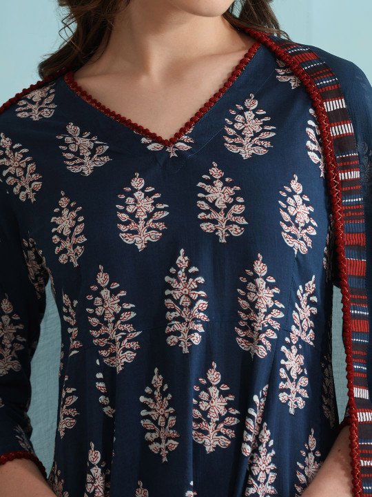 Ethnic Motifs Printed V-Neck Pure Cotton A-Line Kurta with Palazzos &amp;amp; Dupatta