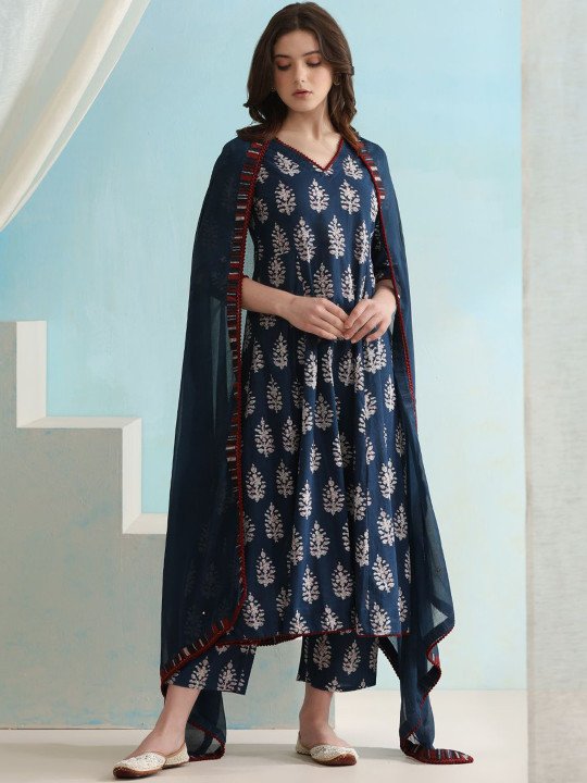 Ethnic Motifs Printed V-Neck Pure Cotton A-Line Kurta with Palazzos &amp;amp; Dupatta