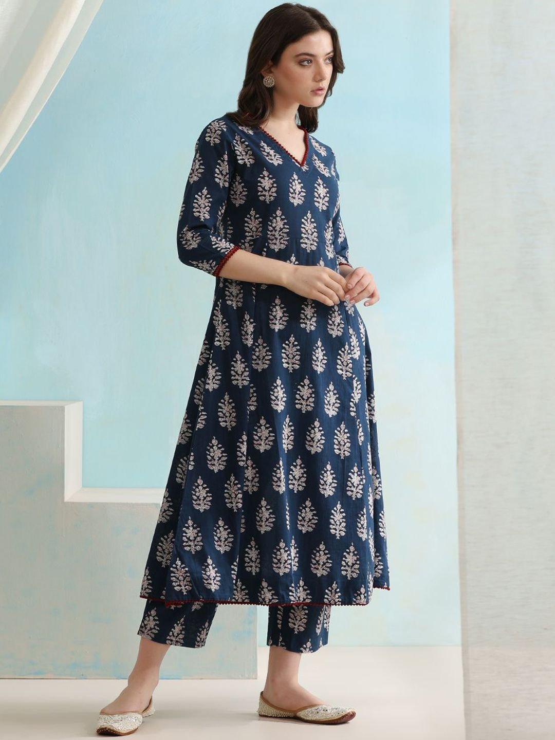 Ethnic Motifs Printed V-Neck Pure Cotton A-Line Kurta with Palazzos &amp;amp; Dupatta