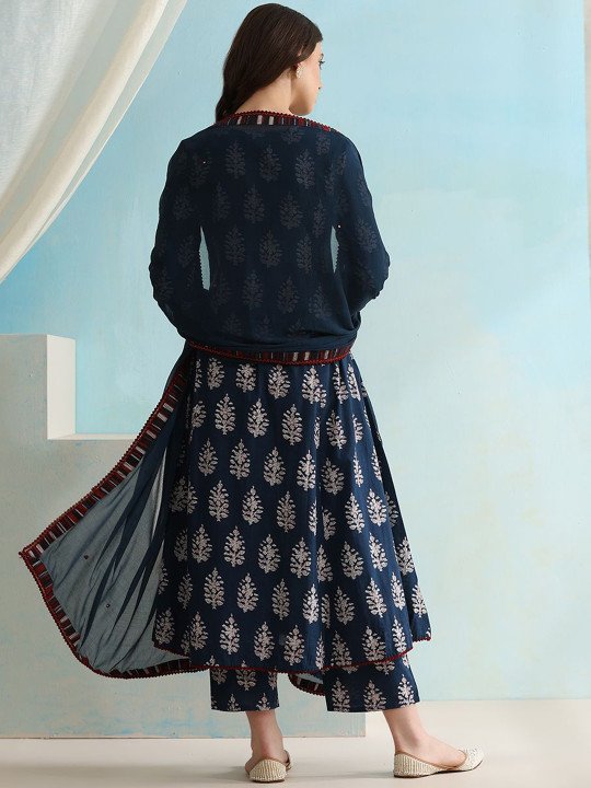 Ethnic Motifs Printed V-Neck Pure Cotton A-Line Kurta with Palazzos &amp;amp; Dupatta