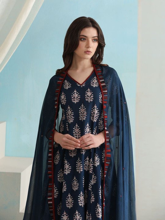 Ethnic Motifs Printed V-Neck Pure Cotton A-Line Kurta with Palazzos &amp;amp; Dupatta