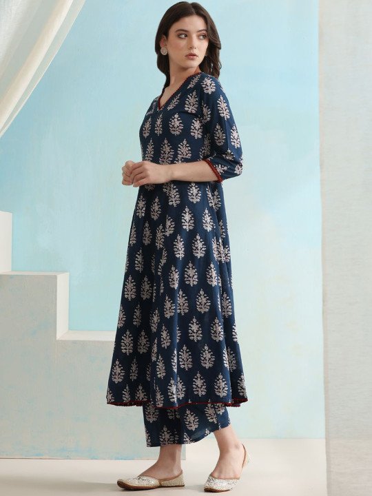 Ethnic Motifs Printed V-Neck Pure Cotton A-Line Kurta with Palazzos &amp;amp; Dupatta