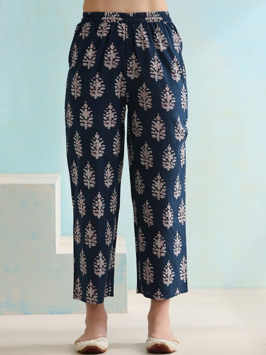 Ethnic Motifs Printed V-Neck Pure Cotton A-Line Kurta with Palazzos &amp;amp; Dupatta