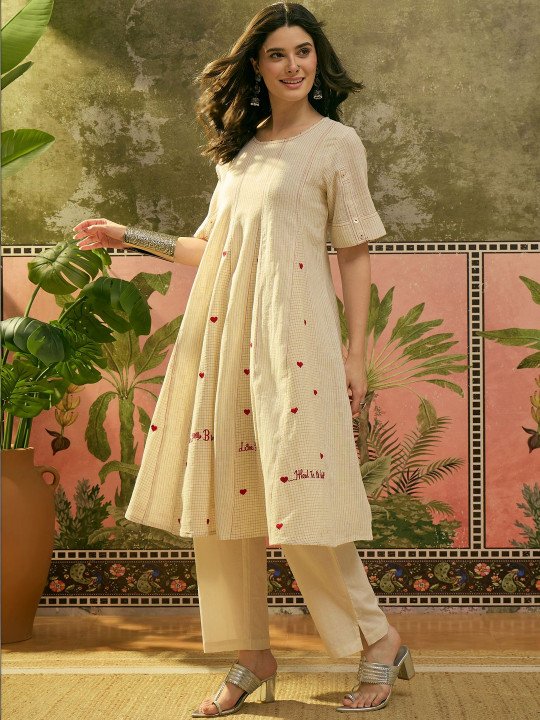 Embroidered Pure Cotton Round Neck Kurta &amp;amp; Trousers